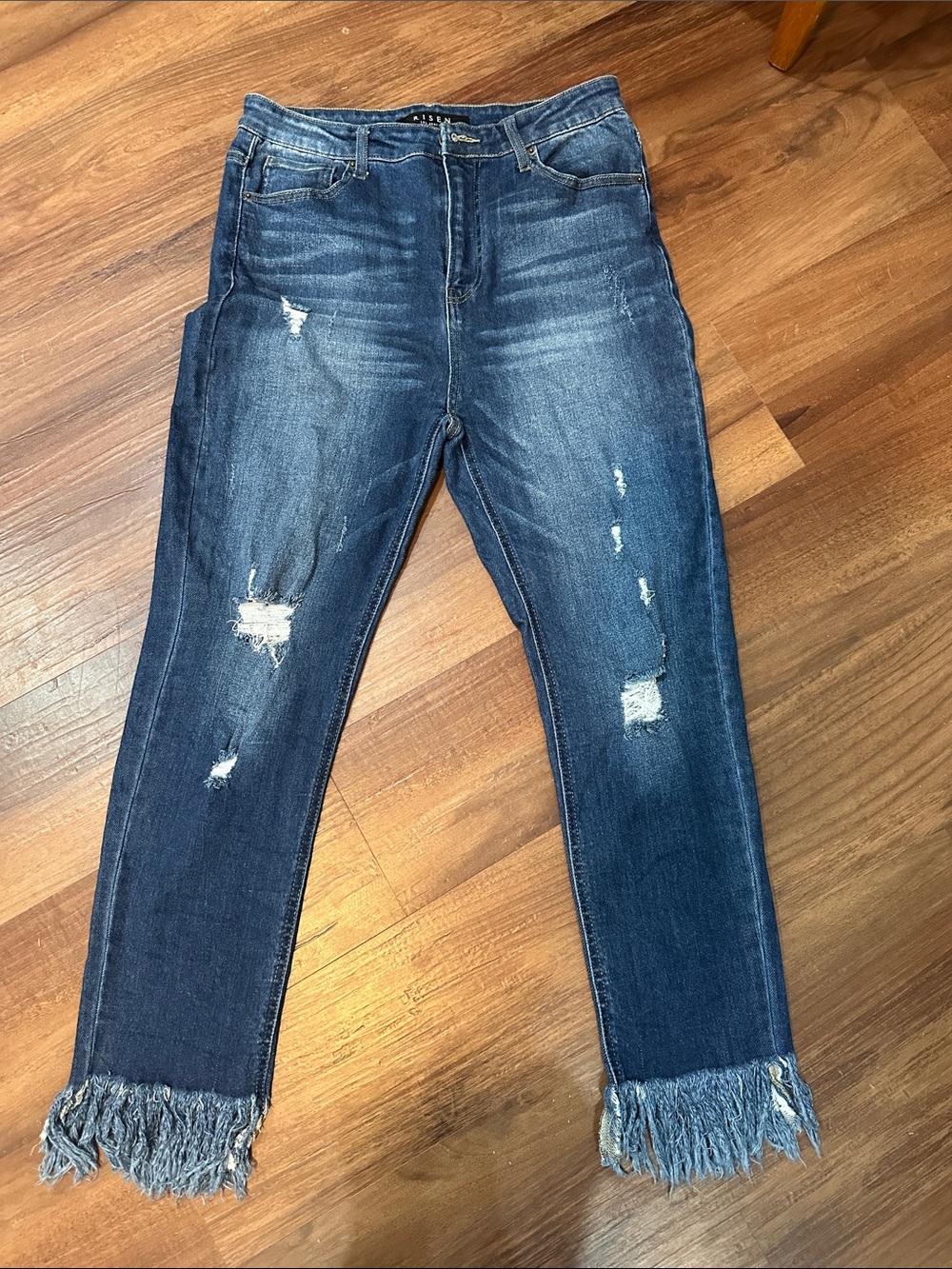 Risen Women’s Distressed Dark Blue Fringe Hem Jeans